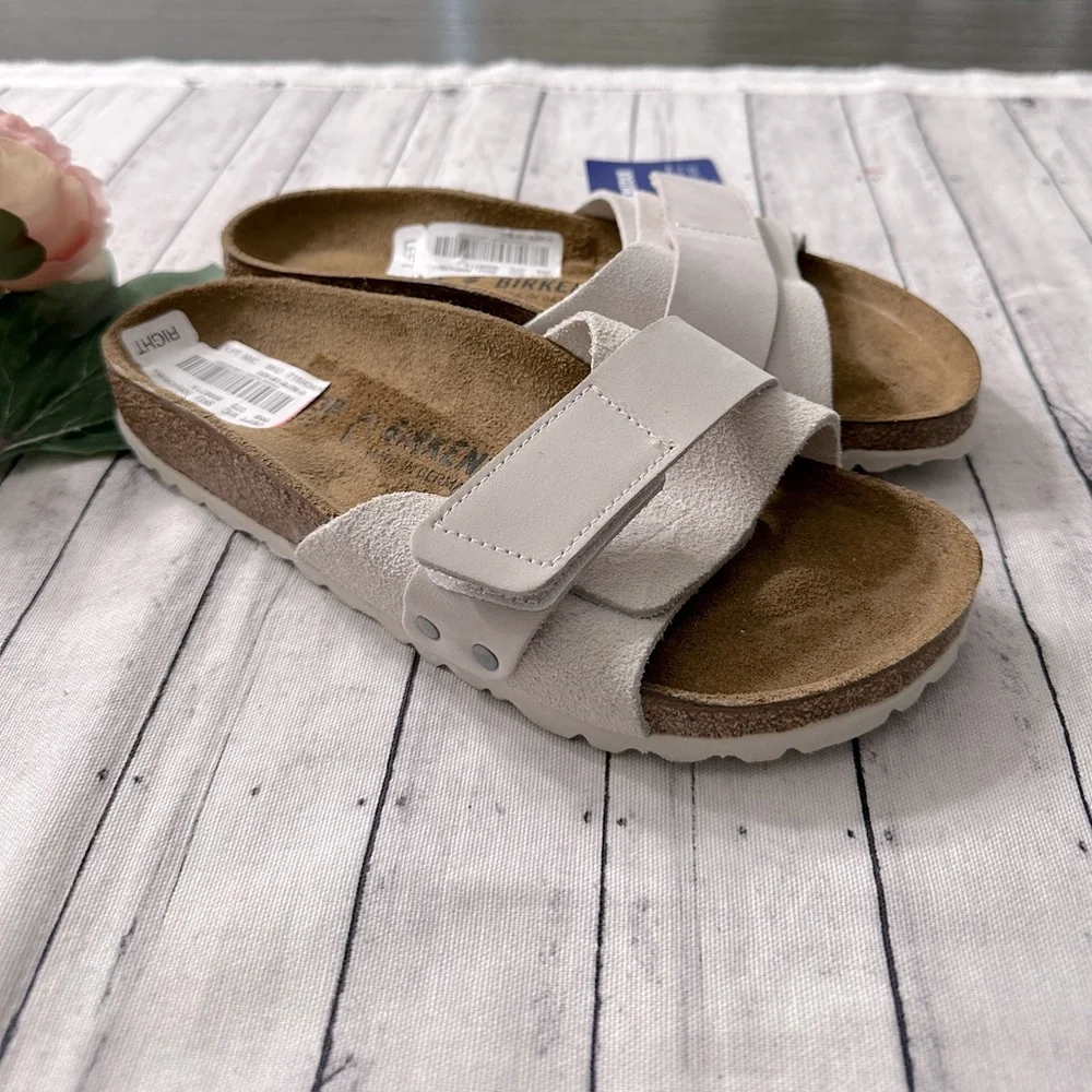 New Birkenstock Oita Slides Sandals Suede Leather Antique White - Picture 5 of 9